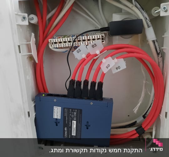 ארון תקשורת עם כבלים אדומים ומתג רשת